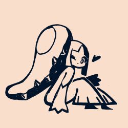  1girl arm_at_side big_hair blunt_bangs closed_mouth commentary dated_commentary extra_mouth eyelashes from_side full_body hand_up heart highres knees_up long_hair looking_at_viewer mawile monochrome nanami_marron one_eye_closed pokemon pokemon_(creature) ponytail sharp_teeth sidelocks simple_background sitting solo teeth very_long_hair yellow_background 