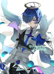  1boy absurdres arknights artist_name belt bird bird_on_hand black_pants blue_eyes blue_gloves blue_hair chinese_commentary closed_mouth commentary_request dove fake_halo gloves hair_over_one_eye halo hand_up highres holding holding_sword holding_weapon jacket long_sleeves looking_at_viewer male_focus official_alternate_costume pants persona persona_3 shirt short_hair simple_background solo sword weapon white_background white_belt white_jacket white_shirt xuanarno yuuki_makoto_(in_witness_of_glory)_(persona_3) yuuki_makoto_(persona_3) 