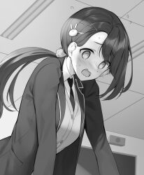  1girl blush character_request commentary_request copyright_request embarrassed flustered greyscale hair_ornament indoors jacket long_hair monochrome novel_illustration official_art open_clothes open_jacket open_mouth oryo_(oryo04) parted_bangs rabbit_hair_ornament second-party_source solo 