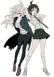  2girls :o ahoge black_pants black_skirt breasts brown_hair collarbone commentary_request danganronpa_(series) danganronpa_2:_goodbye_despair genderswap genderswap_(mtf) green_jacket green_necktie grey_hair highres hinata_hajime jacket keke_(xfxyuio) kneehighs komaeda_nagito korean_commentary large_breasts long_hair miniskirt multiple_girls necktie open_clothes open_jacket pants pleated_skirt print_shirt shirt shoes short_hair simple_background skirt socks white_background white_shirt 