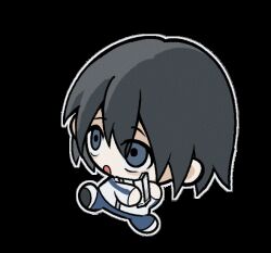  1boy animated animated_gif black_hair blue_eyes chibi chibi_only chinese_commentary commentary_request dancing false_memory guan_chao_(false_memory) hair_down handheld_game_console long_sleeves male_focus pants school_uniform simple_background solo white_background zhiwuchangguisanjianshi 