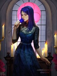  absurdres arcane:_league_of_legends arcane_caitlyn arm_at_side artist_name blue_dress blue_eyes blue_flower blue_hair blue_rose breasts caitlyn_(league) candle commentary cowboy_shot dress english_commentary english_text eyelashes fire flower hand_up highres holding holding_flower indoors lace league_of_legends long_dress long_hair looking_down narrow_waist rimari_(rimri4mm) rose see-through_cleavage see-through_clothes see-through_sleeves small_breasts smelling smelling_flower three-quarter_sleeves window 