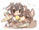  2girls akagi_(kantai_collection) animal_costume animal_hat bell bell_collar black_dress black_eyes blush brown_hair chibi collar cow_costume dress drooling hat kaga_(kantai_collection) kantai_collection machinery multiple_girls open_mouth personification rebecca_(keinelove) sweat white_background 