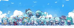  6+girls absurdres ahoge aqua_eyes aqua_hair aqua_necktie bird black_bow black_hat blue_sky bow braid braided_hair_rings chibi chibi_only clouds commentary_request cumulonimbus_cloud double-parted_bangs dress floating hair_between_eyes hair_bow hair_ornament hair_rings hat hatsune_miku highres lineup magical_mirai_miku magical_mirai_miku_(2013) magical_mirai_miku_(2014) magical_mirai_miku_(2015) magical_mirai_miku_(2016) magical_mirai_miku_(2017) magical_mirai_miku_(2018) magical_mirai_miku_(2019) magical_mirai_miku_(2020_summer) magical_mirai_miku_(2020_winter) magical_mirai_miku_(2021) magical_mirai_miku_(2022) magical_mirai_miku_(2023) magical_mirai_miku_(2024) magical_mirai_miku_(2025) magical_mirai_miku_(2026) mini_hat mini_top_hat miratsu_(miratsu169) multicolored_hair multiple_girls multiple_persona necktie ocean official_alternate_costume official_alternate_hairstyle railing red_streaks shirt shoes sidewalk skirt sky streaked_hair top_hat twintails two-tone_hair vocaloid white_bird white_hat 