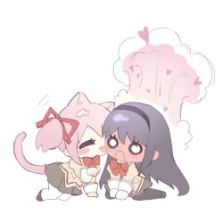  akemi_homura animal_ears black_hair blush bow bowtie cat_ears cat_girl cat_tail chibi commentary_request donut45947505 explosion extra_ears full-face_blush full_body hairband heart kaname_madoka kemonomimi_mode kneeling licking licking_another's_cheek licking_another's_face long_hair mahou_shoujo_madoka_magica mahou_shoujo_madoka_magica_(anime) mitakihara_school_uniform o_o open_mouth paw_pose pink_hair red_bow red_ribbon ribbon school_uniform short_twintails simple_background tail tongue tongue_out twintails white_background yuri 