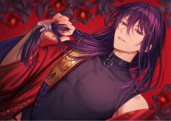  1boy alternate_hairstyle armpit_crease black_choker black_tank_top bracelet camellia choker chromatic_aberration commentary covered_collarbone covered_pectorals dutch_angle ensemble_stars! flower grin hair_between_eyes hair_over_shoulder half-closed_eyes hand_in_own_hair japanese_clothes jewelry kanzaki_souma kimono kimono_partially_removed long_hair long_sleeves looking_at_viewer low-tied_long_hair male_focus multiple_bracelets o-ring o-ring_choker official_alternate_costume onkochishin_(ensemble_stars!) open_clothes open_kimono pectorals purple_hair red_background red_flower red_kimono ruriruri772 shirt silver_bracelet silver_ring single_bare_shoulder smile solo tank_top tight_clothes tight_shirt toned toned_male untranslatable_commentary violet_eyes wide_sleeves 