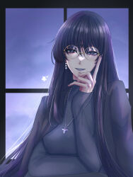  alternate_costume bishoujo_senshi_sailor_moon bishoujo_senshi_sailor_moon_s black_hair commentary crescent crescent_facial_mark earrings facial_mark forehead_mark glasses highres jewelry lipstick long_hair looking_at_viewer makeup mistress_9 purple_lips smile star_(symbol) star_facial_mark tomoe_hotaru very_long_hair violet_eyes wbr_komet 