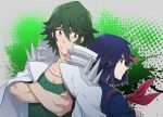  back-to-back black_hair blue_eyes coat crossed_arms green_hair hisagi-y4 jewelry kill_la_kill matoi_ryuuko necklace sanageyama_uzu senketsu uniform 