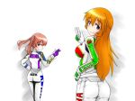  2girls alternate_costume back breasts charlotte_e_yeager cosplay francie_gerard gloves isosceles_triangle_(xyzxyzxyz) jumpsuit large_breasts looking_at_viewer multiple_girls orange_hair racing_suit redhead smile strike_witches twintails 