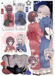  2girls absurdres blue_eyes blue_kimono blue_tongue brown_hair colored_tongue commentary fireworks food fox_mask girls_band_cry grey_eyes grey_hair grid_background hamchan69 heart highres imminent_kiss iseri_nina japanese_clothes kawaragi_momoka kimono mask mask_on_head multicolored_hair multiple_girls nejiri_hachimaki obi red_kimono roots_(hair) sandals sash shaved_ice short_twintails tongue tongue_out twintails yuri 