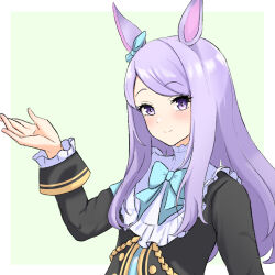  1girl animal_ears aqua_bow black_jacket blush bow bowtie closed_mouth coat ear_bow ear_ribbon frilled_coat frilled_jacket frills horse_ears horse_girl jacket long_hair long_sleeves looking_at_viewer mejiro_mcqueen_(frontline_elegance)_(umamusume) mejiro_mcqueen_(umamusume) purple_hair shirt sho_mix_illustration smile solo striped_clothes striped_shirt umamusume upper_body violet_eyes 
