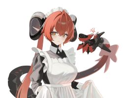  2girls anger_vein apron black_dress black_horns closed_mouth clothes_lift curled_horns dress dress_lift goat_horns green_eyes hair_between_eyes hat highres horns long_hair long_sleeves looking_at_viewer magus_(zenless_zone_zero) maid maid_apron maid_headdress mechanical_horns mechanical_tail multiple_girls orange_hair orange_pupils orphie_magnusson pointy_ears puffy_sleeves qwer_v2 simple_background standing tail twintails upper_body white_apron white_background zenless_zone_zero 