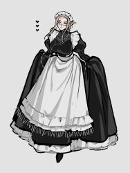  1girl apron bowing brown_hair cracked_face curtsey dress eureka_5555 frilled_apron frilled_dress frills full_body grey_background highres holding_own_dress holding_own_skirt juliet_sleeves long_dress long_sleeves maid maid_apron original parted_bangs puffy_sleeves shoes sidelocks solo swept_bangs white_apron yellow_eyes 