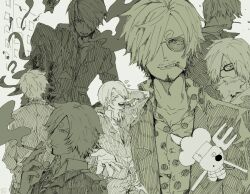  1boy back cigarette clip_studio_paint_(medium) collared_shirt commentary_request curly_eyebrows curry_gohan facial_hair fake_beard fake_facial_hair fire fork goatee hair_over_one_eye holding holding_cigarette male_focus monochrome multiple_views mustache one_piece sanji_(one_piece) shirt smoke suit sunglasses 