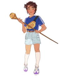  1girl blue_shirt brown_eyes brown_hair dark-skinned_female dark_skin fanny_pack full_body holding holding_staff kneehighs luz_noceda pinkteest shirt shoes short_shorts shorts smile sneakers socks solo staff t-shirt the_owl_house white_socks 