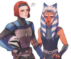  ! 2girls ahsoka_tano belt_pouch black_hairband blue_eyes bo-katan_kryze brown_lips colored_skin fingerless_gloves freckles gloves green_eyes hairband helmet holding holding_unworn_helmet lekku_(anatomy) mandalorian mandalorian_armor mandalorian_helmet multiple_girls open_mouth orange_skin pink_lips pinkteest pouch red_hair short_hair spoken_exclamation_mark star_wars star_wars:_the_clone_wars_(2008_tv_series) togruta unworn_headwear unworn_helmet 