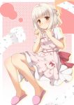  1girl blush dress hidamari_sketch highres nazuna red_eyes short_hair slippers smile solo tissue white_hair yosshii_(ropichan2) 