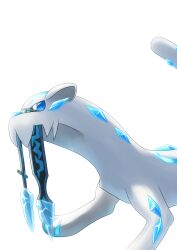  absurdres blue_eyes blue_sclera bright_pupils broken broken_sword broken_weapon chien-pao colored_sclera from_side highres ice ki_no_maru no_humans pokemon pokemon_(creature) pokemon_focus simple_background snow_leopard solo sword tail tusks weapon weasel white_background white_fur white_pupils 