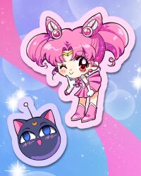  1girl bishoujo_senshi_sailor_moon blush bow bowtie chibi chibi_only chibi_usa clenched_hand commentary cone_hair_bun crescent crescent_facial_mark double_bun elbow_gloves facial_mark finger_to_cheek gloves hair_bun highres juuban_elementary_school_uniform leaning_forward luna-p oceaninspace one_eye_closed pink_bow pink_bowtie pink_hair pink_sailor_collar pink_skirt sailor_chibi_moon sailor_collar sailor_senshi_uniform school_uniform skirt smile white_gloves 