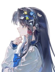  1girl black_hair blue_bow blue_eyes blue_sailor_collar bow bowtie bubble_hair_ornament character_request check_character closed_mouth ear_piercing fish_skeleton_hair_ornament hair_ornament hair_ribbon hairband hairclip hand_on_own_chin hand_on_own_elbow highres loading_icon long_hair looking_to_the_side original parallel_hairclips piercing red_ribbon ribbon sailor_collar sanyue_xun school_uniform seal_hair_ornament serafuku shirt simple_background skull_hair_ornament solo star_(symbol) star_hair_ornament ufo_hair_ornament white_background white_hairband white_shirt x_hair_ornament 