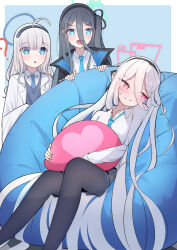  ? absurdres ahoge aqua_halo aris_(blue_archive) bean_bag_chair black_hairband black_skirt black_thighhighs blue_archive blue_eyes blue_necktie blush bow collared_shirt commentary double-parted_bangs english_commentary hair_between_eyes hair_bow hairband halo heart highres hugging_object kei_(blue_archive) kei_(student)_(blue_archive) lab_coat long_hair long_hair_between_eyes long_sleeves loosely_tucked_bangs millennium_science_school_student_b_(blue_archive) necktie one_side_up open_mouth pillow pillow_hug pink_eyes pink_halo pleated_skirt rectangular_halo ringed_eyes shirt siblings sisters skirt sweatdrop thigh-highs very_long_hair wavy_mouth white_hair white_shirt xmasbeam 