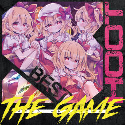  4girls album_cover album_name ascot blonde_hair blush bow clone closed_mouth collared_shirt commentary_request cover crystal crystal_wings flandre_scarlet four_of_a_kind_(touhou) frilled_shirt_collar frills hair_bow hat hat_bow highres looking_at_viewer mob_cap multicolored_wings multiple_girls one_side_up pointy_ears red_bow red_eyes red_skirt red_vest rolling_contact second-party_source shirt skirt skirt_set smile takahero touhou translation_request vest white_hat white_shirt wings yellow_ascot 