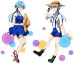  2girls blue_hair cardfight!!_vanguard charlene_chen flower gillian_chen hat long_hair looking_at_viewer mino_(diviness) multiple_girls shorts simple_background smile straw_hat sunflower suspenders white_background yellow_eyes 