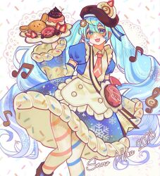  1girl apron aqua_eyes aqua_hair beamed_eighth_notes beret blue_dress blush brown_hat cake character_name commentary cowboy_shot crossbody_bag dafterdayart detached_sleeves doughnut dress food food-themed_bag food-themed_clothes food-themed_hat frilled_apron frills fruit hair_between_eyes hair_ornament hat hatsune_miku highres holding holding_tray icing_trim lolita_fashion long_hair long_sleeves looking_at_viewer musical_note necktie open_mouth pancake pantyhose pink_necktie short_sleeves smile snowflake_print solo sprinkles strawberry strawberry_slice striped_clothes striped_pantyhose sweet_lolita swiss_roll tray treble_clef twintails very_long_hair vocaloid white_apron yuki_miku yuki_miku_(2026) 