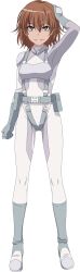  1girl arm_up artist_request belt belt_bag bodysuit boots breasts brown_eyes brown_hair clenched_hand full_body gloves grey_belt grey_bodysuit grey_boots grey_gloves hair_between_eyes hand_in_own_hair hand_up highres looking_at_viewer medium_breasts medium_hair misaka_worst official_art second-party_source simple_background smile solo standing tachi-e teeth toaru_majutsu_no_index toaru_majutsu_no_index:_old_testament transparent_background white_bodysuit white_boots 