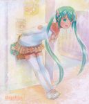  1girl artist_name green_eyes green_hair hatsune_miku leaning_forward long_hair looking_at_viewer mayo_riyo open_mouth school_uniform shoes skirt sneakers solo thighhighs traditional_media twintails very_long_hair vocaloid white_legwear 