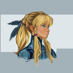 1girl alternate_hairstyle blonde_hair blue_eyes braid commentary english_commentary expressionless feathered_hair front_braid grey_background letterboxed long_hair max_kay metroid samus_aran science_fiction simple_background solo two-tone_background upper_body zero_suit 