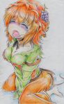  1girl absurdres aki_minoriko barefoot blonde_hair blush breasts cleavage closed_eyes colored_pencil_(medium) food fruit grapes hat have_to_pee highres nichibotsu_(kitaziman) open_mouth short_hair solo tears touhou traditional_media 