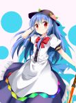  1girl absurdres blue_hair bow colored_shadow food fruit hand_in_hair hat highres hinanawi_tenshi long_hair looking_at_viewer minamina peach puffy_sleeves red_eyes shadow short_sleeves simple_background skirt smile solo sword_of_hisou touhou white_background 