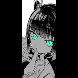  1boy 1girl commentary_request date_masamune_(sengoku_musou) green_eyes hand_on_another's_chin husband_and_wife long_hair looking_at_viewer megohime_(nashi) nashi_(shi_ra_nu_i) oc_x_canon original pov sengoku_musou solo_focus spot_color twintails upper_body 