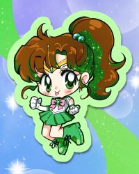  1girl bishoujo_senshi_sailor_moon blush boots bow bowtie brown_hair chibi chibi_only choker clenched_hands commentary gloves green_boots green_choker green_eyes green_sailor_collar green_skirt hair_bobbles hair_ornament highres kino_makoto looking_at_viewer oceaninspace pink_bow pink_bowtie ponytail sailor_collar sailor_jupiter sailor_senshi_uniform skirt solo tongue tongue_out white_gloves 