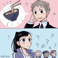  ! 1boy 4girls ? absurdres anger_vein black_hair blue_background blush brown_eyes brown_hair chopsticks commentary_request food hand_on_own_head hetero highres iwasaki_rio jacket long_hair meino_(usmtw) multiple_girls nishiwaki_yuuko noodles open_mouth persona persona_3 persona_3_portable pink_background ponytail ramen shiomi_kotone short_hair simple_background smile spoken_food tomochika_kenji upper_body 