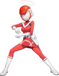  1girl belt blue_archive boots bowl breasts dress facing_viewer fighting_stance food full_body game_asset gloves halo hat highres holster kaitenger_red_(blue_archive) mask medium_breasts official_art pants pants_under_dress plate red_dress red_pants short_dress simple_background solo standing sushi tachi-e third-party_source transparent_background white_belt white_boots white_gloves zipper 