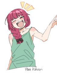  1girl bare_shoulders blush bocchi_the_rock! braid braided_ponytail character_name collarbone dress flat_chest green_dress hair_over_shoulder highres hiroi_kikuri laughing long_hair looking_at_viewer one_eye_closed ow1804 red_eyes red_hair sharp_teeth shoulder_blush simple_background sleeveless sleeveless_dress solo teeth upper_body upper_teeth_only white_background 