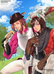  2girls absurdres alternate_costume alternate_universe animal_ears armor breastplate cloak commentary commission commissioner_upload dungeons_&amp;_dragons ear_covers english_commentary fantasy food frilled_sleeves frills gambeson gloves hat hat_feather highres hokko_tarumae_(umamusume) holding holding_food holding_weapon horse_ears horse_girl mage_staff medieval multiple_girls non-web_source outdoors sakura_bakushin_o_(umamusume) staff sword vennyyyy_draws weapon 