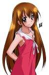  1girl brown_eyes brown_hair dokidoki!_precure dress eyelashes hair_down happy long_hair looking_at_viewer madoka_aguri ponpon precure red_dress signature simple_background smile solo white_background 