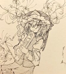  1girl absurdres closed_mouth commentary epaulettes flower frilled_hat frills greyscale hat highres holding long_sleeves looking_at_viewer monochrome poppopcorn88 ribbon-trimmed_skirt ribbon_trim rod_of_remorse shiki_eiki short_hair skirt smile solo spider_lily touhou traditional_media 