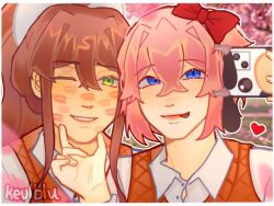  2girls after_kiss blue_eyes blurry blurry_background blush border bow brown_hair cellphone commentary crossed_bangs doki_doki_literature_club english_commentary grabbing_another's_chin green_eyes hair_between_eyes hair_bow hair_intakes hand_on_another's_chin hand_on_another's_face hand_up heart highres holding holding_phone keulblu lipstick lipstick_mark lipstick_mark_on_face lipstick_mark_on_forehead long_hair looking_at_phone makeup monika_(doki_doki_literature_club) multiple_girls orange_sweater_vest orange_vest outline phone photo_background pink_hair ponytail red_bow sayori_(doki_doki_literature_club) selfie short_hair signature smartphone smeared_lipstick sweater_vest tongue tongue_out too_many_lipstick_marks vest white_border white_bow white_outline yuri 
