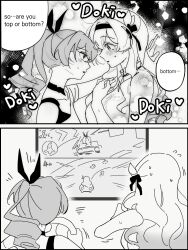 2girls choker commentary controller d0600059994959 english_text firefly_(honkai:_star_rail) flying_sweatdrops game_controller greyscale hairband heart highres holding holding_controller holding_game_controller honkai:_star_rail honkai_(series) kabedon long_hair mario_kart monochrome multiple_girls playing_games playing_video_games ponytail shirt silver_wolf_(honkai:_star_rail) speech_bubble super_mario_bros. yuri 