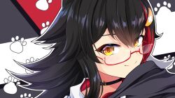 1girl animal_ears bespectacled black_background black_choker black_hair black_hoodie black_outline brown_eyes choker closed_mouth commentary_request crossed_bangs double-parted_bangs food-themed_hair_ornament glasses hair_between_eyes hair_ornament highres hololive hood hoodie lemon_hair_ornament long_hair looking_at_viewer maritchi multicolored_hair ookami_mio ookami_mio_(hoodie) outline paw_print paw_print_background print_background red-framed_eyewear red_hair smile solo split_mouth streaked_hair striped_background two-tone_hoodie upper_body virtual_youtuber white_background white_hair white_hoodie white_outline wolf_ears wolf_girl 