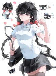  1girl amamiya_ren besaaliento black_hair braid chibi collared_shirt commentary_request cowboy_shot genderswap genderswap_(mtf) highres holding holding_removed_eyewear long_hair megami_tensei morgana_(persona_5) persona persona_5 pleated_skirt red_ribbon ribbon school_uniform shirt shuujin_academy_school_uniform simple_background skirt twin_braids unworn_eyewear white_background white_shirt 