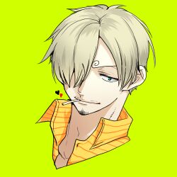  1boy cigarette collared_shirt commentary_request curly_eyebrows curry_gohan facial_hair goatee green_background hair_over_one_eye lowres male_focus mustache one_piece portrait sanji_(one_piece) shirt short_hair simple_background smile solo 