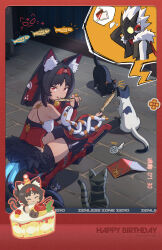  1boy 1girl :3 absurdres animal_ear_fluff animal_ears bare_shoulders billy_kid billy_kid_(starlight) black_hair black_thighhighs bridal_gauntlets cake cake_slice cat cat_ears cat_girl cat_tail chibi commentary dark-skinned_female dark_skin detached_sleeves eating facial_mark fish_(food) food forehead_mark hairband happy_birthday highres humanoid_robot long_hair looking_at_viewer multiple_tails nekomiya_mana official_art ponytail red_hair red_hairband robot robot_boy smile squatting tail thigh-highs two_tails wallet white_hair yellow_eyes zenless_zone_zero 