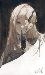  1girl absurdres black_eyes black_gloves blonde_hair bug butterfly commentary english_commentary finger_to_mouth gloves hair_ornament hand_up highres long_hair long_sleeves lorentz_butterfly making-of_available parted_lips reverse:1999 shushing solo upper_body white_butterfly yyalloww 