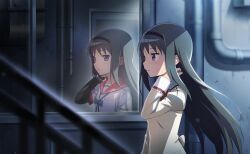  1girl akemi_homura alley aqua_bow aqua_bowtie artist_request back_bow black_hair black_hairband black_sleeves bow bowtie breast_pocket card_commentary collared_shirt commentary different_reflection doorway expressionless game_asset hairband hand_in_own_hair high_collar highres industrial_pipe jitome juliet_sleeves kamihama_university_affiliated_school_uniform lace-trimmed_sleeves lace_trim layered_shirt layered_sleeves light_blush long_hair long_sidelocks long_sleeves looking_at_reflection magia_record:_mahou_shoujo_madoka_magica_gaiden mahou_shoujo_madoka_magica mahou_shoujo_madoka_magica_(anime) mahou_shoujo_madoka_magica_magia_exedra mitakihara_school_uniform official_art outdoors parted_lips pocket pointy_nose puffy_sleeves railing red_bow red_bowtie red_sailor_collar reflection sailor_collar school_uniform shirt short_over_long_sleeves short_sleeves sidelocks sleeve_cuffs sleeves_past_wrists solo studded_hairband studs third-party_source upper_body very_long_hair violet_eyes white_shirt window yellow_bow yellow_shirt 