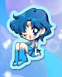  1girl bishoujo_senshi_sailor_moon blue_boots blue_bow blue_bowtie blue_choker blue_eyes blue_hair blue_sailor_collar blue_skirt blush boots bow bowtie chibi chibi_only choker commentary earrings elbow_gloves gloves highres jewelry knees_up looking_at_viewer magical_girl mizuno_ami oceaninspace one_eye_closed pleated_skirt sailor_collar sailor_mercury sailor_senshi_uniform short_hair skirt solo white_gloves 